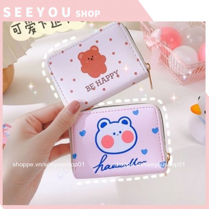 Ví Mini Ngắn Khóa Kéo 11 ngăn kẻ caro GẤU THỎ LUCKY đựng thẻ , tiền