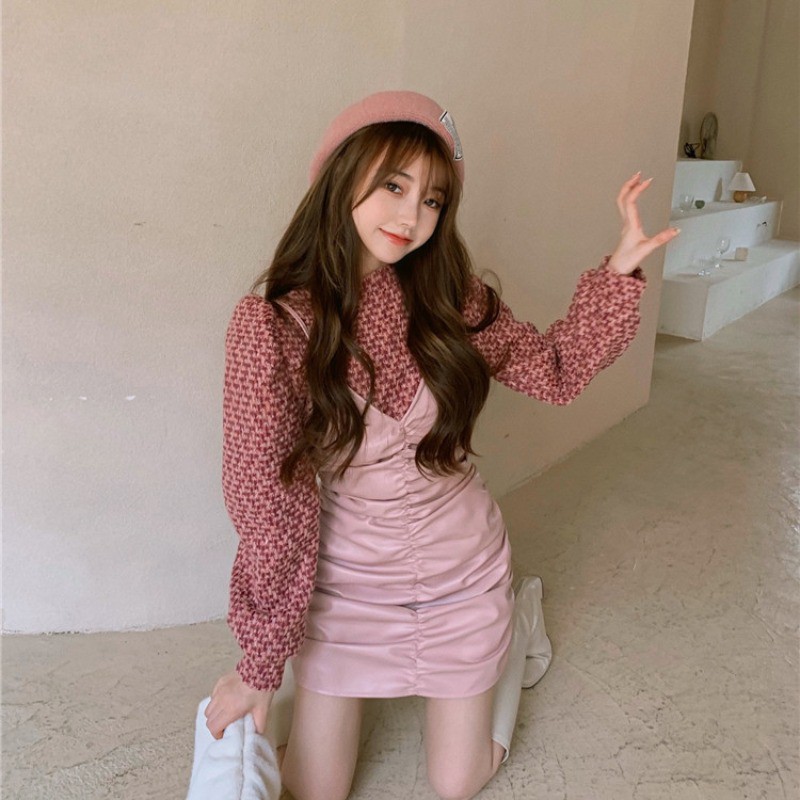 Set đầm da hai dây + áo dài tay vải dạ tweed màu hồng đáng yêu phong cách ulzzang Hàn Quốc