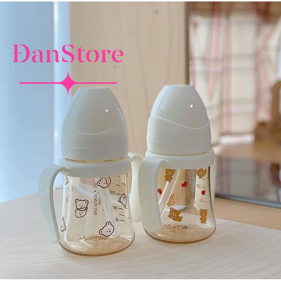 Bình sữa nhựa PPSU Hàn Quốc cho bé, Bình sữa hoạt tiết gấu bear size 200ml 300ml tùy chọn size núm tại HN, HCM