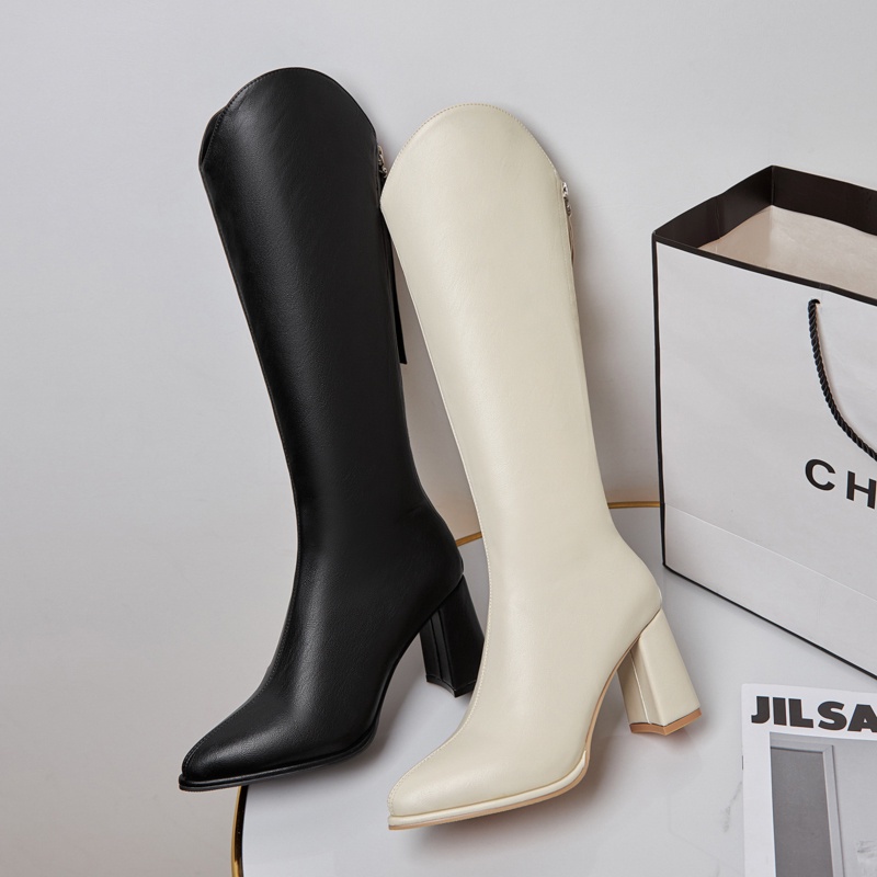 Giày Bốt Cao Gót Cổ Cao Qua Gối Màu Trơn Có Khóa Kéo Thời Trang Cho Nữ