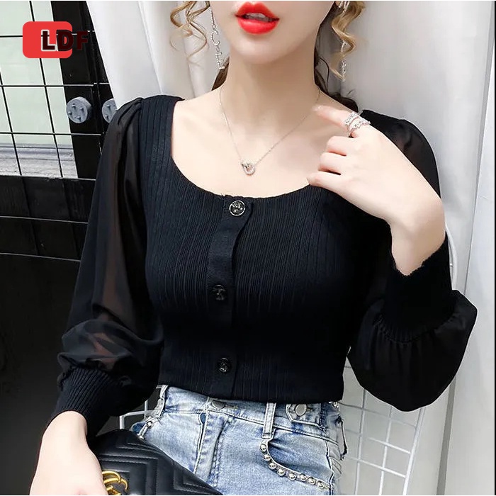 Áo Lưới Cổ Vuông Tay Dài Phồng Phối Màu Tương Phản Thời Trang Cho Nữ