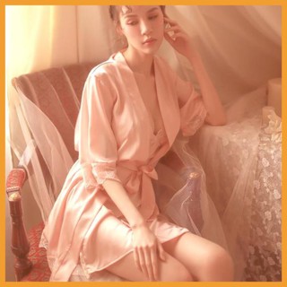 [ĐẦM CAO CẤP] Áo choàng kimono lụa phối ren hàng nhập cao cấp (Màu cam sữa - không kèm váy bên trong)