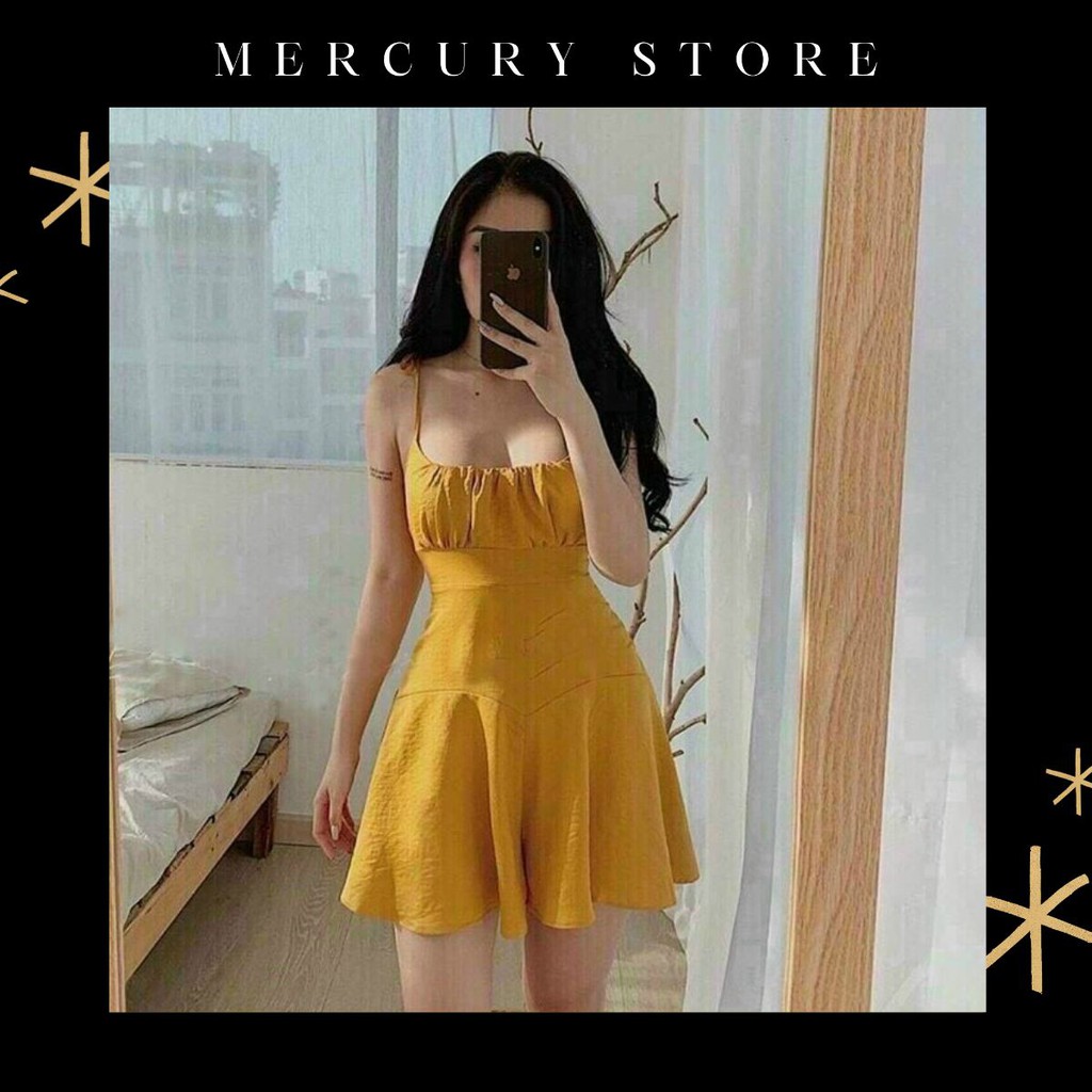 [HOT] 👗Đầm Nữ Xòe Hai Dây Xếp Ly (Mút Ngực) Đa Dạng Màu Sắc (Xanh, Nâu, Vàng)