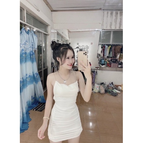Đầm hở lưng phối xích rút dây 2 bên chất thun Borip xịn Hàng Y Hình Kèm Ảnh Thật + Clip chính chủ ( Size từ 40-53kg )