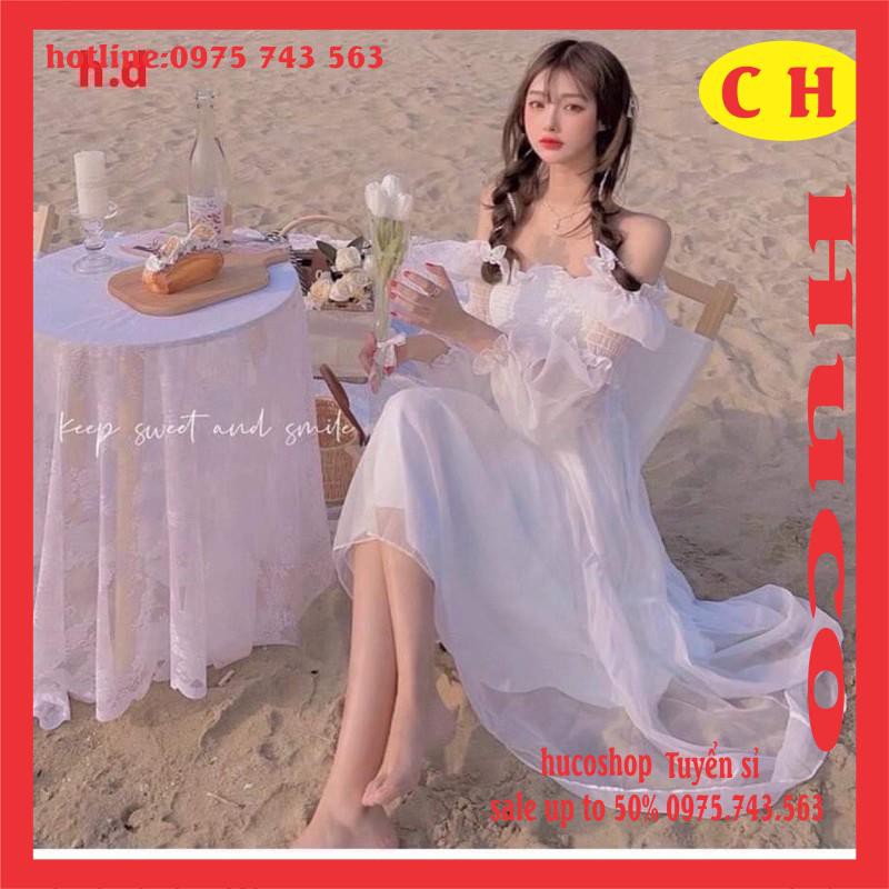 [ẢNH THẬT] váy trắng nữ trễ vai xoè hai tầng tay bồng chất voan có lớp lót trong form chuẩn ảnh Style Hàn quốc freesize