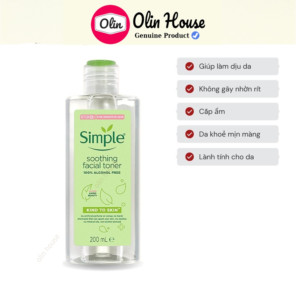 Nước hoa hồng Simple Moothing Facial Toner Simple cân bằng độ ẩm cho da 200ml - Olin House