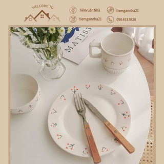 Đĩa cốc bát gốm sứ họa tiết cherry vintage Hàn Quốc 20cm