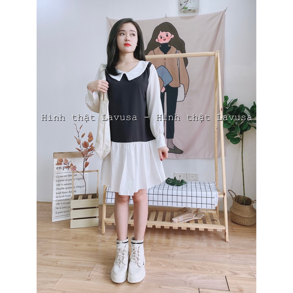 Đầm Babydoll Dài Tay Cổ Sen 🦋FREESHIP🦋 Váy Nữ Tay Bèo Đuôi Cá Phối Màu Đen Trắng LAVUSA