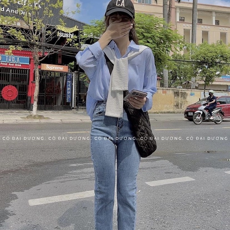 Áo sơ mi thuỷ thủ tháo rời hoạ tiết kẻ sọc from rộng kèm ảnh thật
