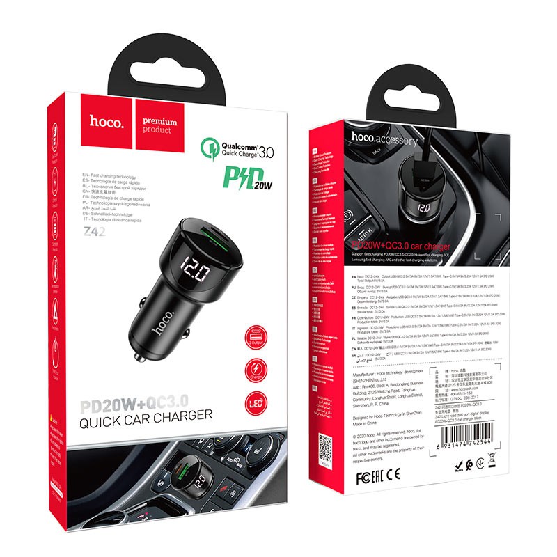 Cốc sạc ô tô / xe hơi Hoco Z42 hỗ trợ QC3.0 và PD20W - màn hình hiển thị điện áp  - Hãng phân phối