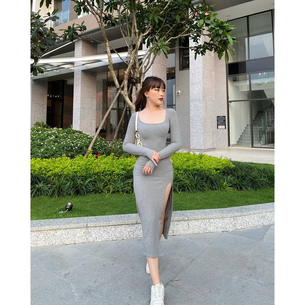 [Mã SKAMSALEP6 giảm 10% tối đa 100K đơn 150K] Váy body thun gân cổ tròn xẻ bên dáng dài AP2081 | BigBuy360 - bigbuy360.vn