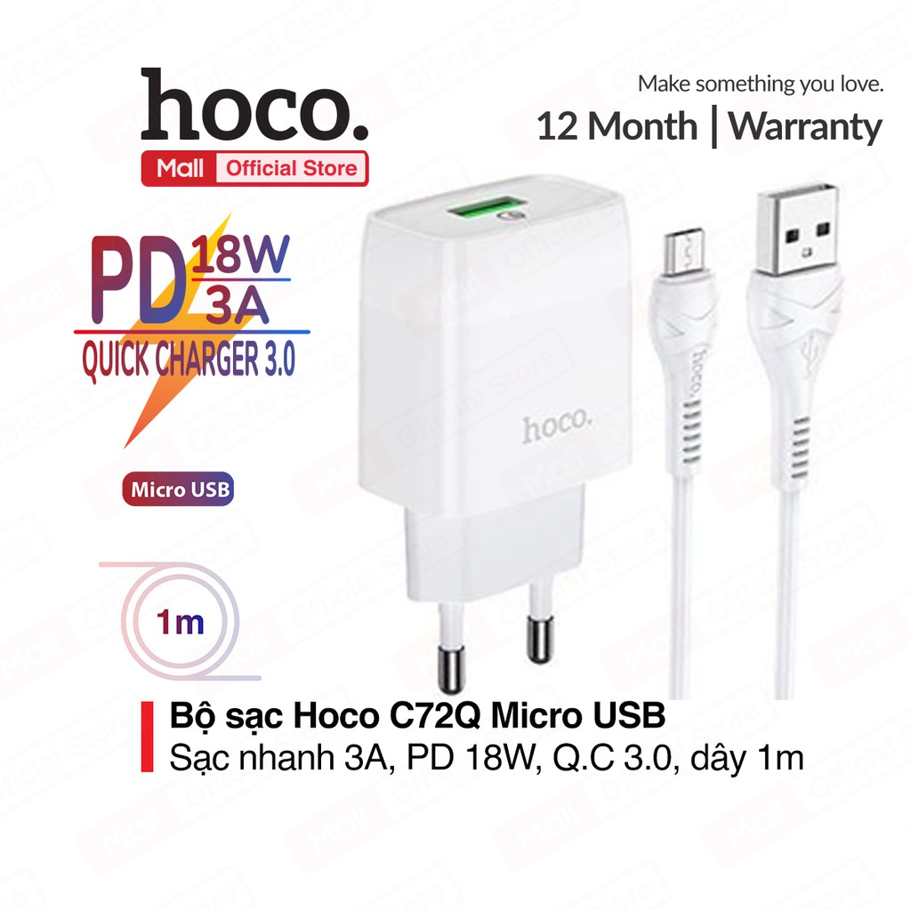 Bộ sạc Hoco C72Q MIcro USB, hỗ trợ sạc nhanh 3A, PD 18W, tương thích với nhiều thiết bị điện thoại Samsung/Xiaomi/Oppo,.