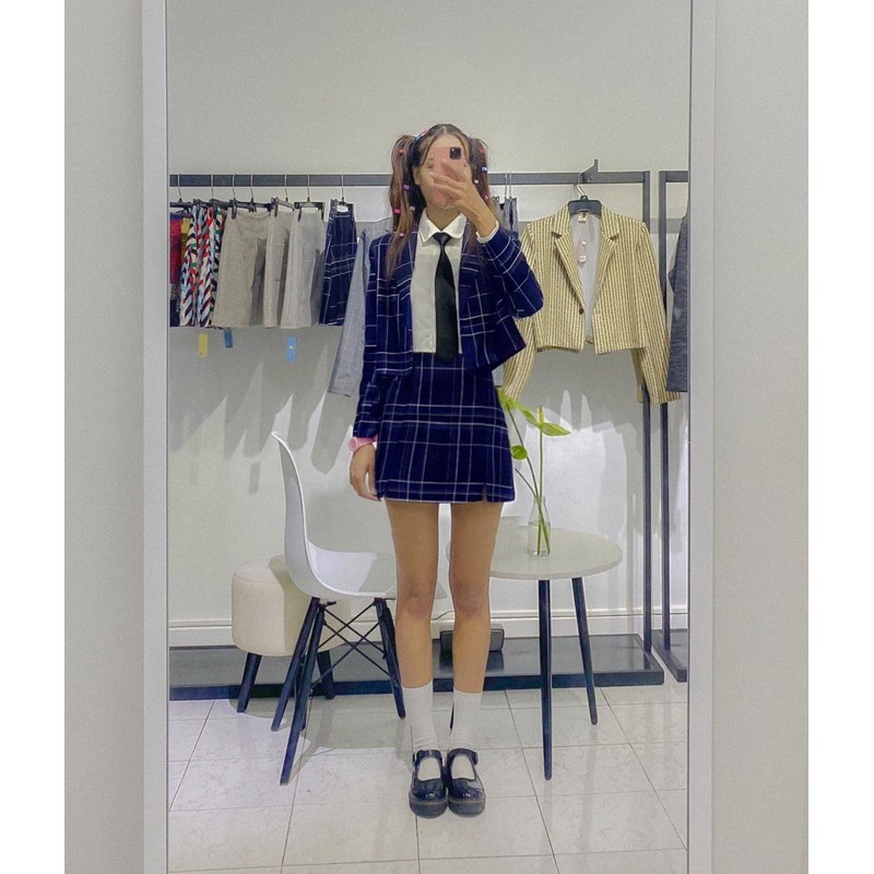 SET áo khoác vest nữ (blazer) croptop sọc caro xanh dương - áo vest blazer nữ phối váy xẻ đùi Dalla Saigon | BigBuy360 - bigbuy360.vn
