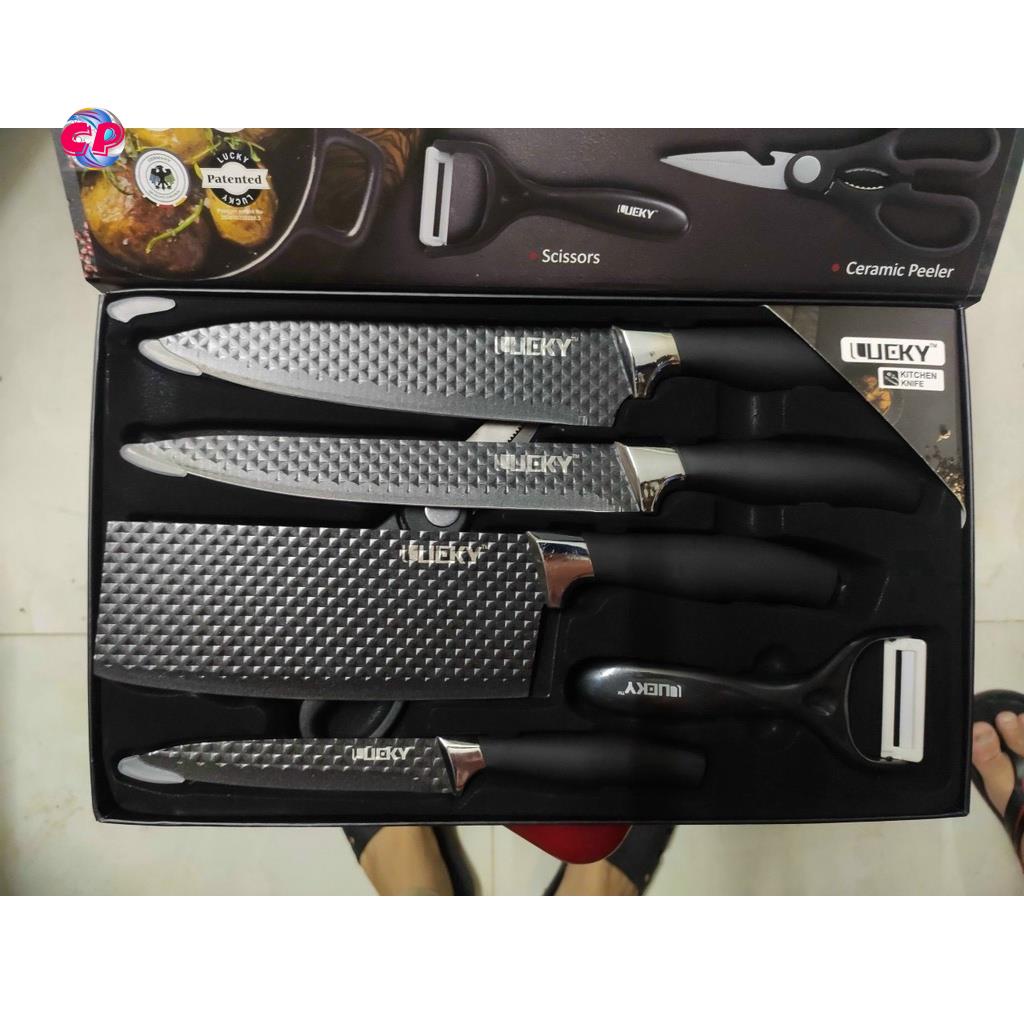 Bộ Dao Kéo Nhà Bếp Lucky 6 Món Bằng Inox Hoa Văn Kim Cương Phủ Chống Dính Siêu Bền Hàng Cao Cấp
