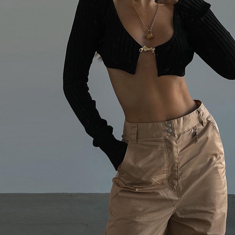 DUNEA Áo croptop tay dài cổ chữ v thời trang dành cho nữ