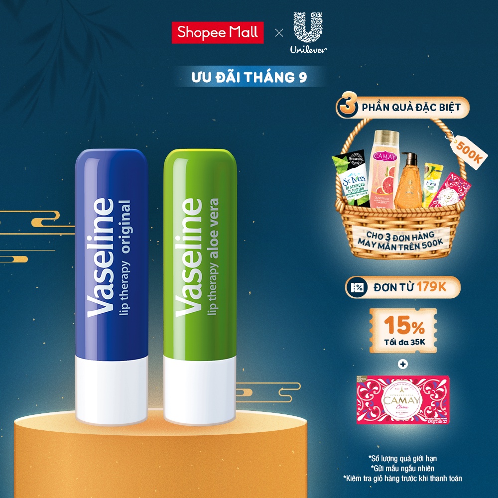 Bộ 2 son dưỡng môi Vaseline Lô Hội và Mềm Mịn dạng thỏi (4.8g x2)