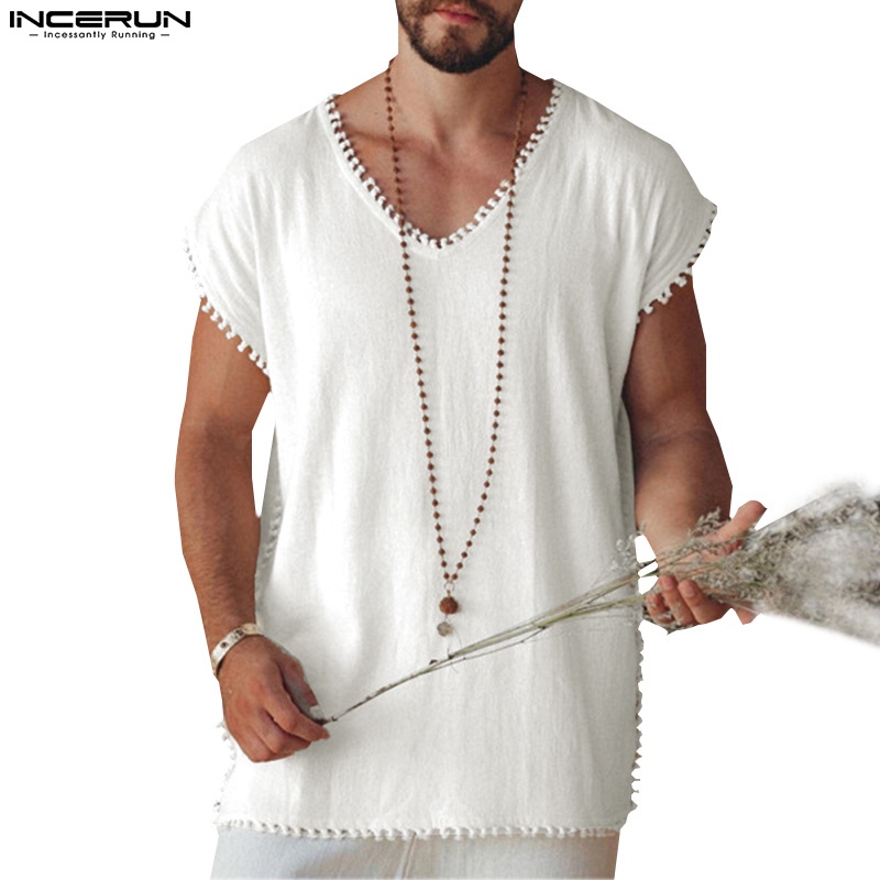 Áo thun INCERUN ba lỗ cổ V nhãn dán cho nam