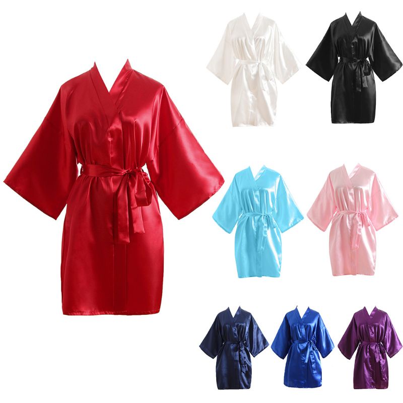 Áo Choàng Tắm Ngắn Kimono Giả Lụa Màu Sắc Trơn Gợi Cảm Cho Nữ
