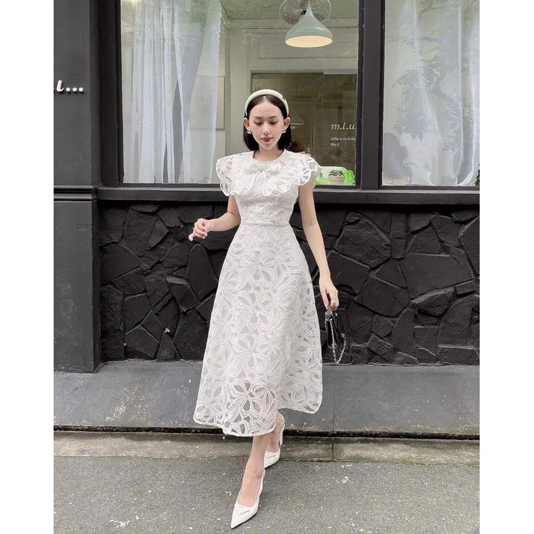 Đầm dự tiệc cổ sen ren đính nơ dáng xòe nhẹ công chúa Prana Dress