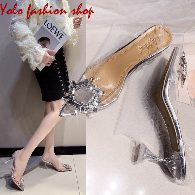 Giày cao gót/sandal cao gót nữ quai trong đính nơ đá sang chảnh - GC715