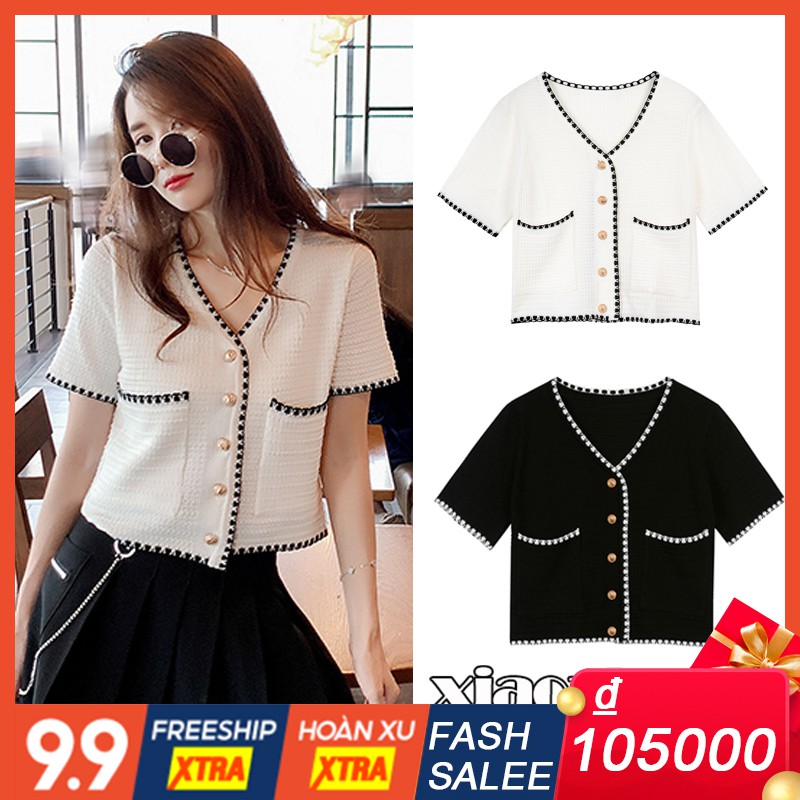 Xiaozhainv Áo cardigan dệt kim tay ngắn cổ chữ V phong cách cổ điển Hàn Quốc nữ tính