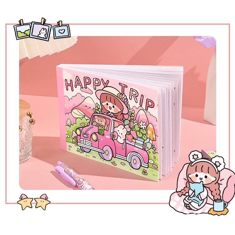 Sổ Sticker Cute Mini Happy Trip 50 Tấm Dụng Cụ Dán Bullet Journal Trang Trí Sổ Tay Nhật Ký ST42