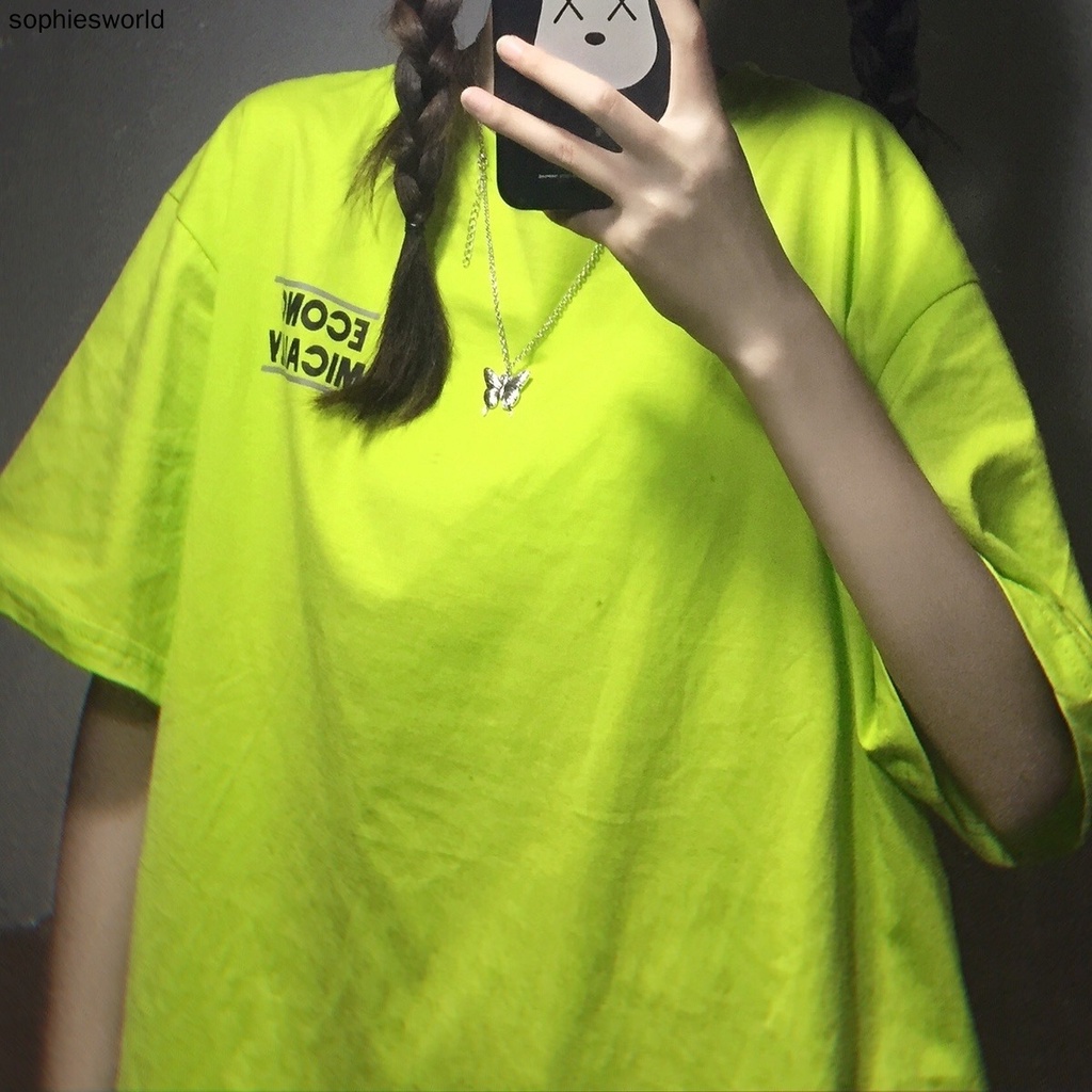 Áo thun tay ngắn màu xanh lá dạ quang in chữ thời trang mùa hè cho nữ