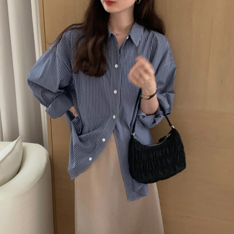 Xiaozhainv Áo sơ mi tay dài dáng rộng kẻ sọc dành cho nữ