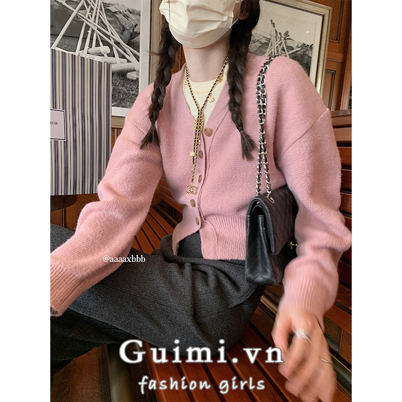 Áo Khoác cardigan Dệt Kim Cổ Chữ V Màu Hồng Xinh Xắn Thời Trang