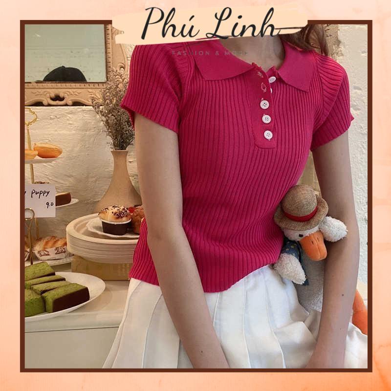 MS551 Áo polo len nữ đóng cúc, áo len nữ cộc tay cổ bẻ