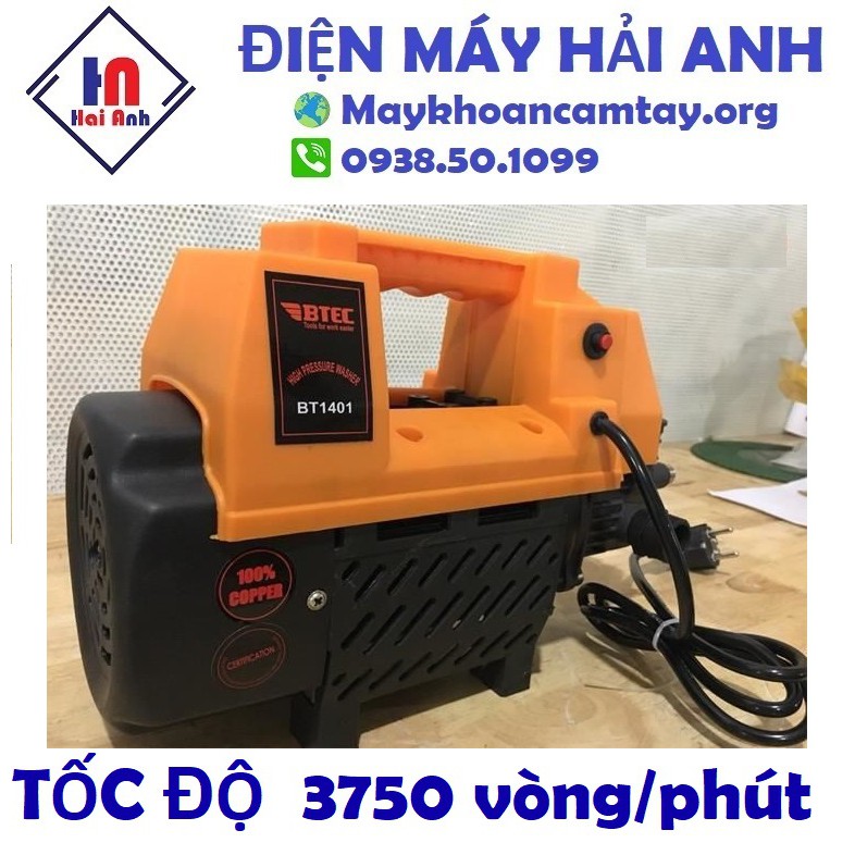 Máy xịt rửa xe mini áp lực cao BTEC BT1401 chính hãng - Tự hút nước, vệ sinh máy lạnh, xe máy, ô tô. Bảo hành 6 tháng