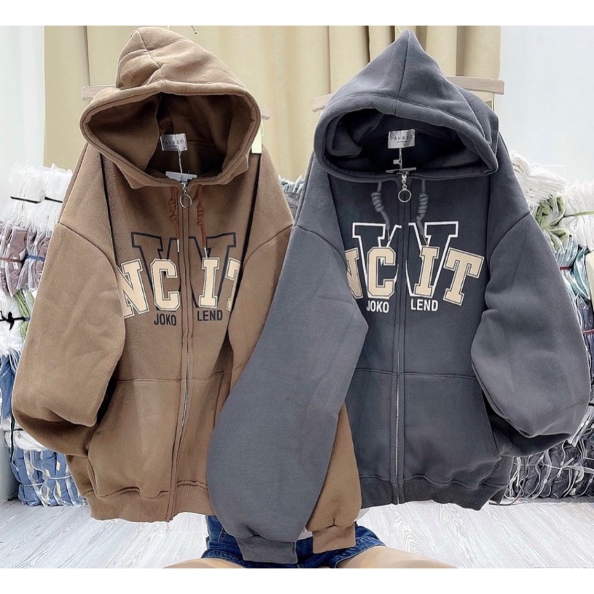 Áo khoác nỉ bông tay bồng form rộng mũ 2 lớp chất dày dặn chữ NC YT