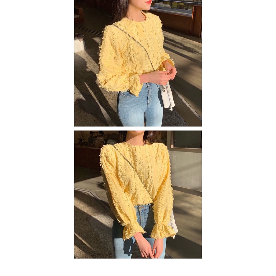 Áo Kiểu Tay Dài Cổ Tròn Màu Vàng Sang Trọng Thiết Kế Mới Mùa Xuân Cho Nữ 2022