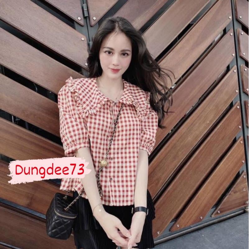 Áo sơ mi kẻ tay bồng cổ sen