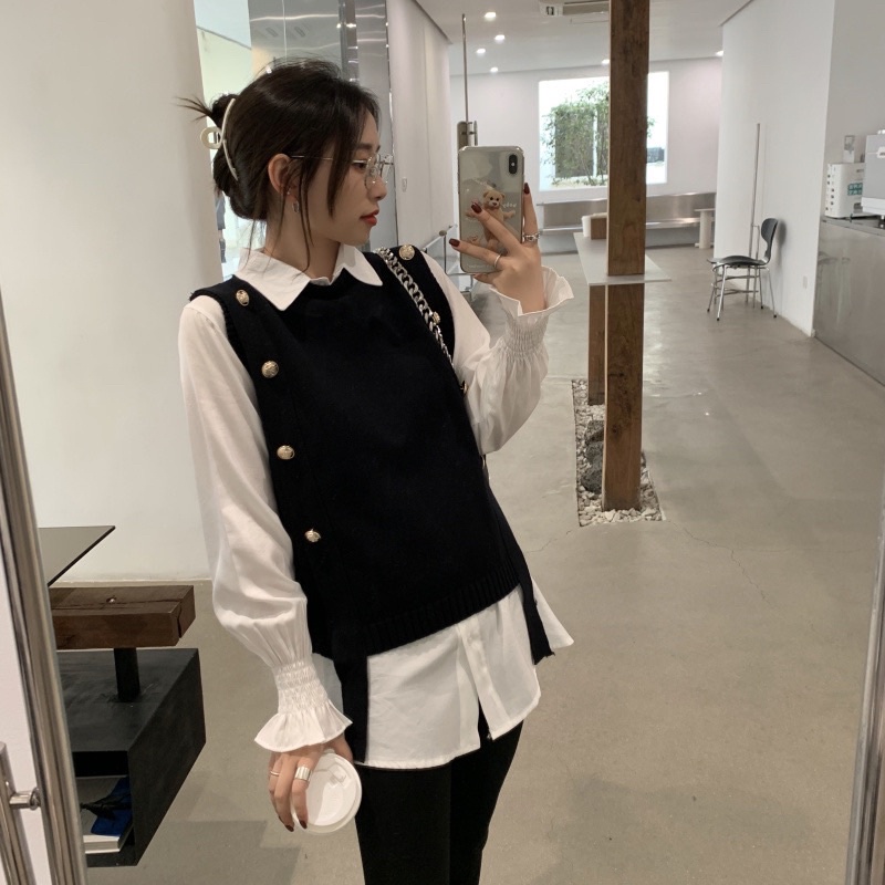 Set áo gile len đính 2 hàng cúc kem áo sơ mi tay loe bo chun