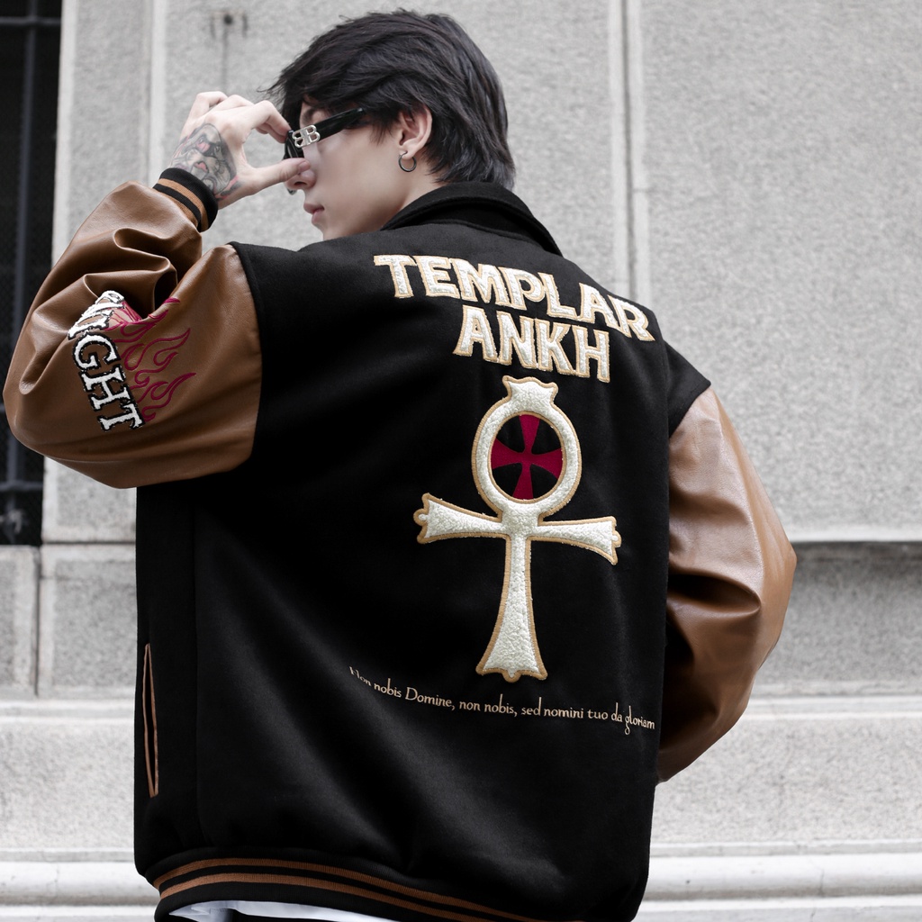 Áo Khoác Varsity Jacket Chất Liệu Dạ Tay Nâu Da Dày Dặn Cổ Bẻ Form Rộng Thoải Mái Unisex Hình Thêu Sắc Nét Màu đen