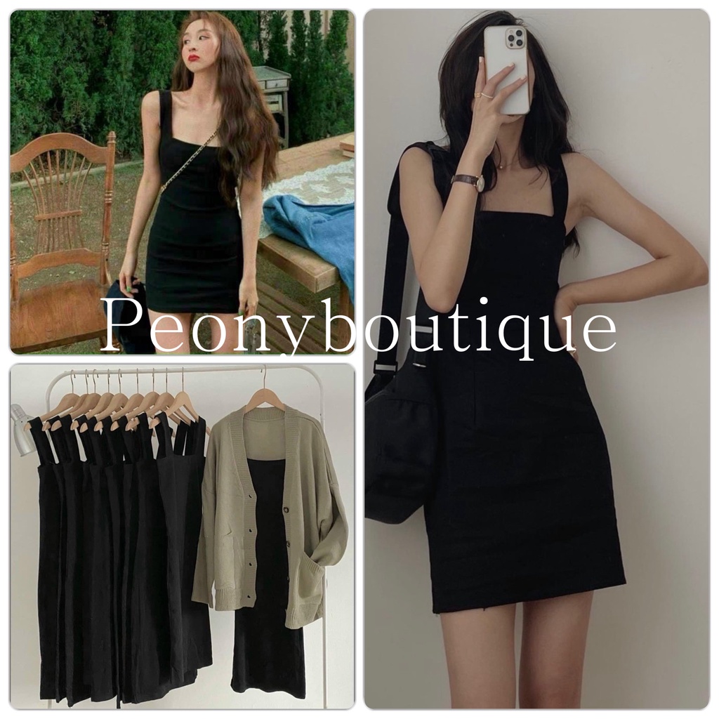 Đầm 2 Dây Bozip Cổ Vuông PEONYB Nữ [FREESHIP] 🌸 Váy body dáng ôm màu đen, thun kiểu trẻ trung cá tính Ulzzang 🌸 | BigBuy360 - bigbuy360.vn