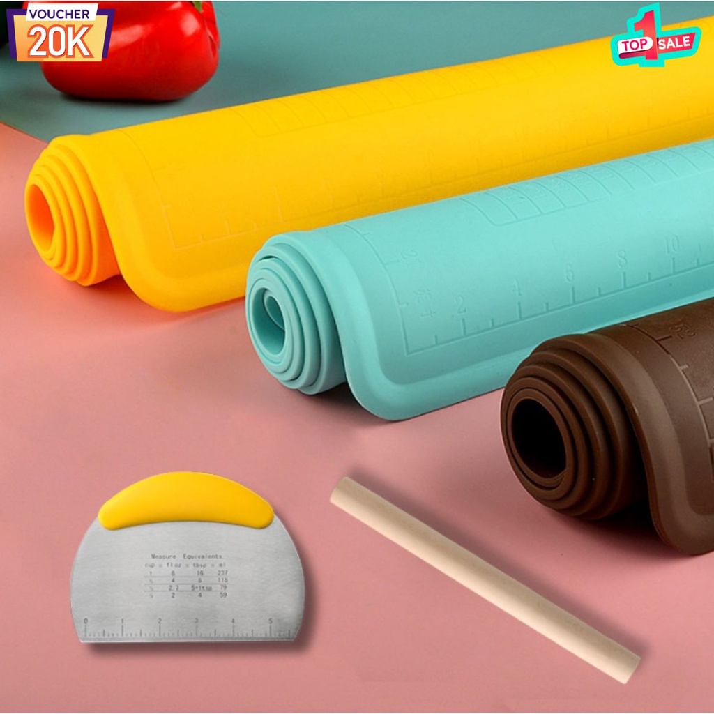 Tấm nhào bột làm bánh - Thảm nhào bột silicone làm bánh tặng kèm cán gỗ và cắt bột kích thước lớn 65x55cm HOMETECH