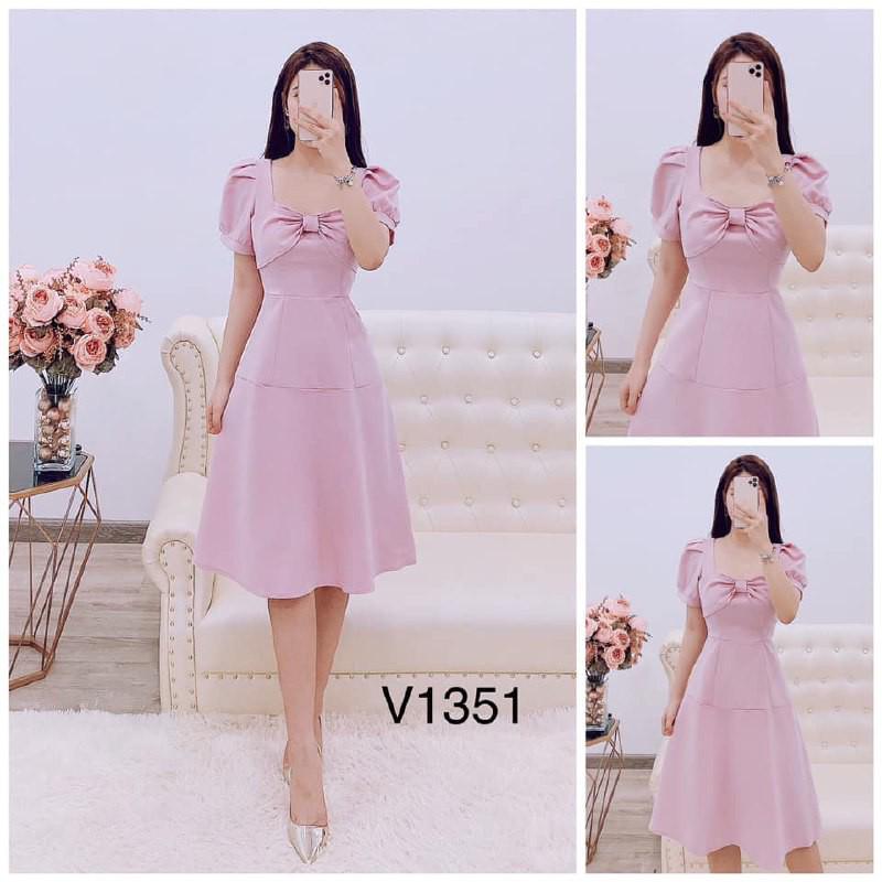 Đầm hồng dáng suông thắt nơ duyên dáng thiết kế V1351 Mie Design kèm ảnh thật