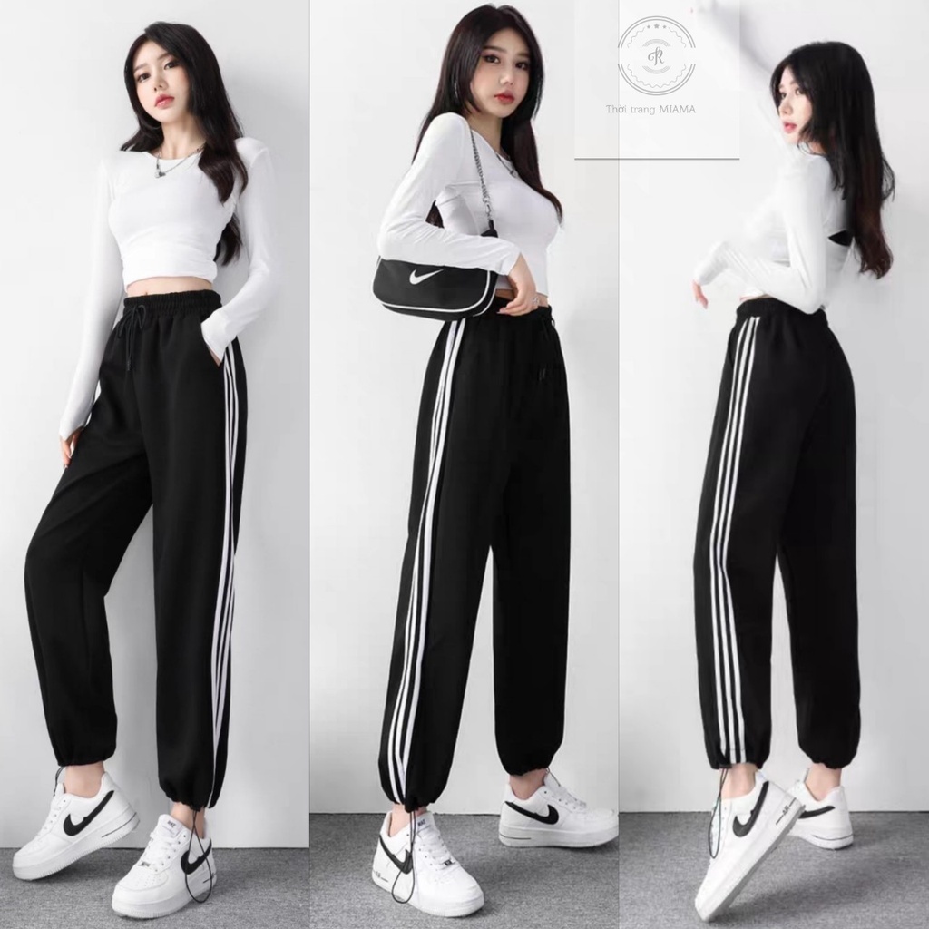 Quần thể thao nữ ống rộng 3 sọc bo gấu vải Umì Unisex đen dáng suông dài - Quần jogger nữ ống suông dây rút mặc đi học