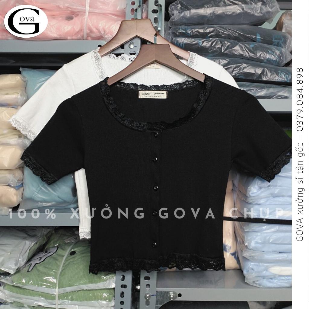 Áo Croptop tay ngắn phối ren Hot Trend Áo kiểu nữ ôm chất thun Cao Cấp gân mềm mát