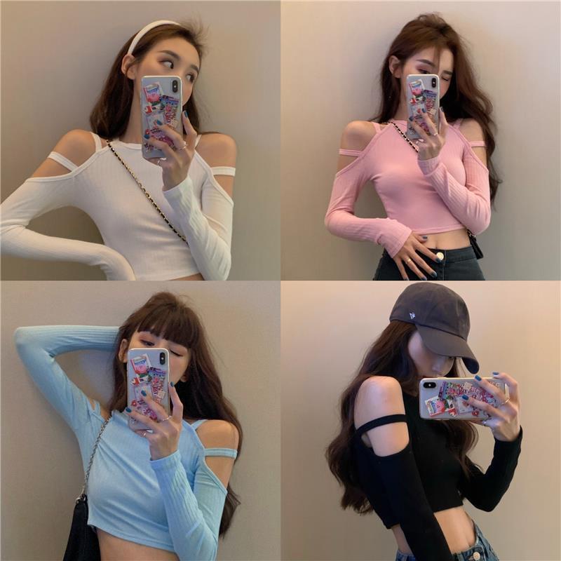 Áo croptop siêu ngắn hở vai cạp cao phối nút dài tay thời trang Hàn Quốc dành cho nữ