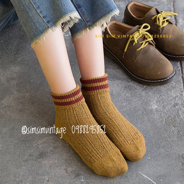 Tất len Vintage sọc cao cổ Vintage