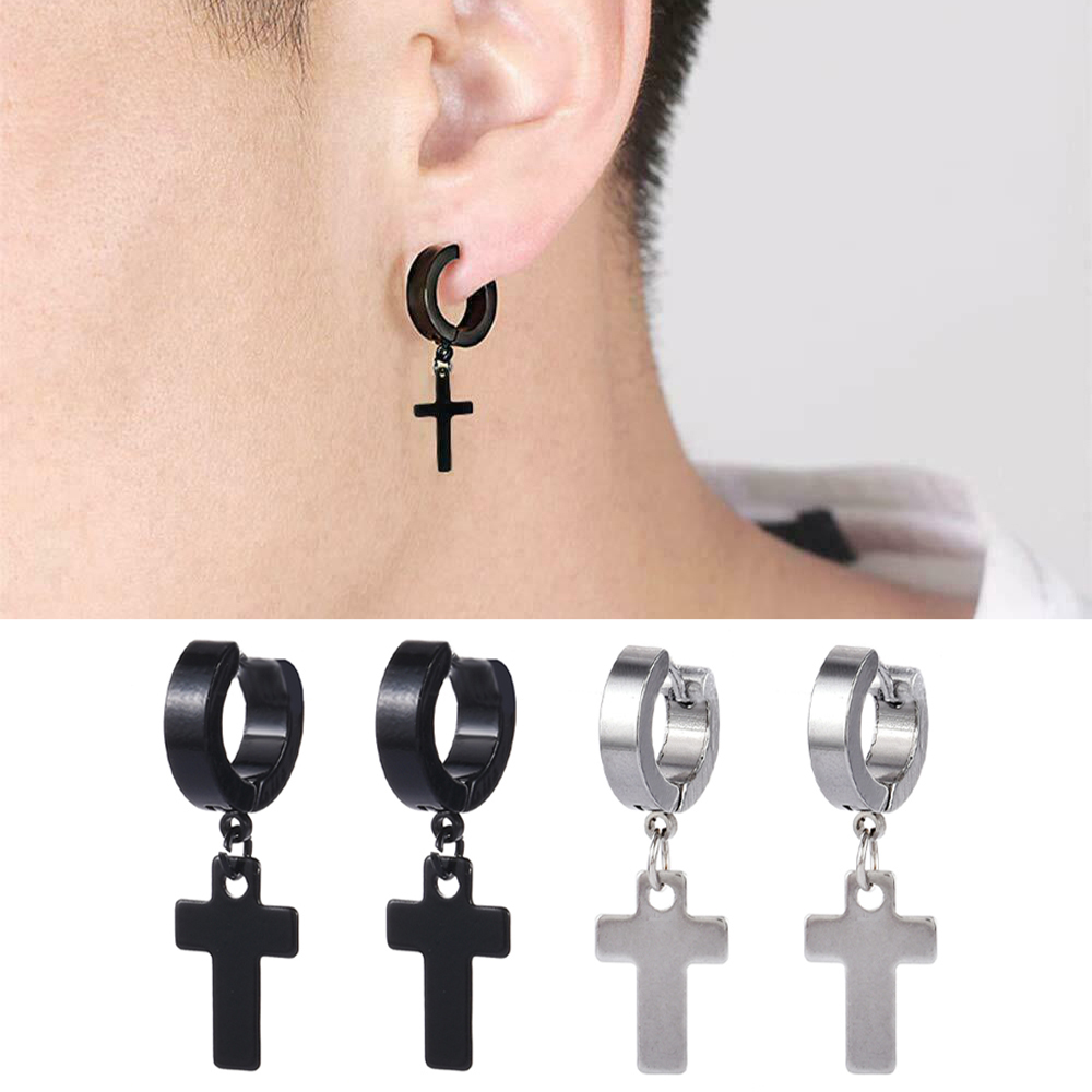 1 cặp khuyên tai dạng kẹp không cần bấm lỗ bằng thép không gỉ hình chữ thập cho nam và nữ