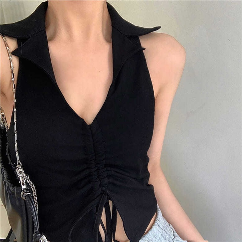 Áo Hai Dây Dáng Ngắn Màu Đen Thời Trang Mùa Hè Quyến Rũ Cho Nữ