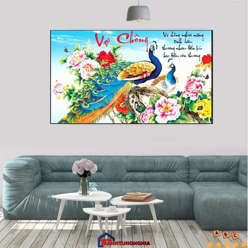Tranh thêu chữ thập vợ chồng công tuyệt đẹp 77cm x 46cm