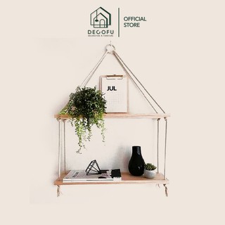 Kệ gỗ treo tường 2 tầng DECOFU, kệ ngang 40cm có dây trang trí phong cách retro