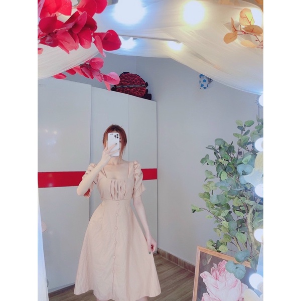 ĐẦM CỔ VUÔNG TAY PHỒNG CÚC BỌC FREESIZE