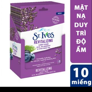 Mặt nạ duy trì độ ẩm St. Ives revitalizing sheet mask acai, blueberry, chia seed oil - hộp 10 miếng