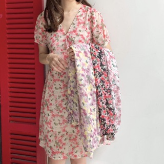Váy hoa rối cổ V dây nơ (3)